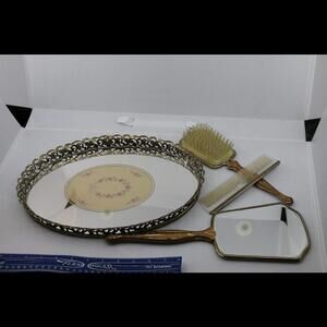 Vintage Ornate Mirrored Vanity Tray Brush Comb Hand Held Mirror